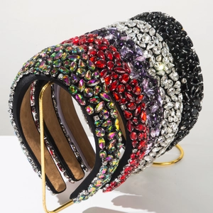 Detailed display of vintage baroque padded headbands with multicolor luxury crystal rhinestones