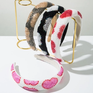 Bohemian Hand-Sewn Seed Bead Wide Headband For Women Elegant Fabric Padded Hair Hoop Heart Wave Design Fashion Hair Accessory