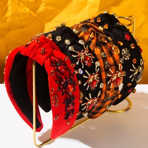Halloween Spider Headband For Women Gothic Knotted Wide Hairband With Rhinestone Artificial Pearl Festive Hair Accessories