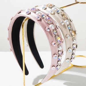 Luxury Baroque Rhinestone Artificial Pearl Wide Headband For Women Satin Padded Hair Hoop Elegant Wedding Party Hair Accessories