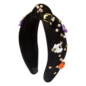 Halloween knot headband with pearls, rhinestones, ghosts, and pumpkins ornaments