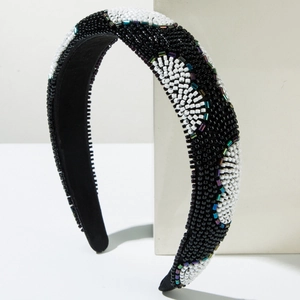 Handmade beaded heart headband with black and white woven pattern for women hair styling