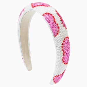 Handmade beaded headband with white seed beads and pink citrus slice patterns