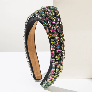 Detailed macro view of luxury baroque headband with handcrafted colorful glass crystals