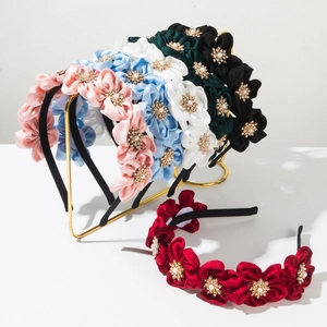 Elegant Handmade Satin Fabric Flower Headband With Artificial Pearls Rhinestones Korean Style Hair Accessories For Women Party Wedding