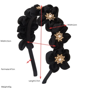 Elegant black fabric headband featuring layered floral pearls with detailed measurements