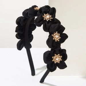 Elegant black fabric headband featuring 3D flowers with pearl and rhinestone centers