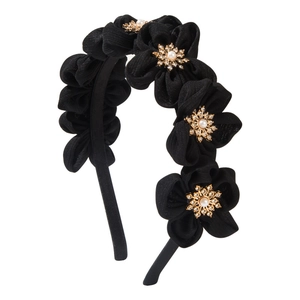 Elegant black fabric headband with 3D fabric flowers, rhinestones and pearls