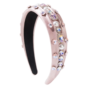 Pink satin wide headband with pearls and rhinestones for a sweet princess look