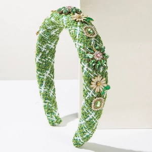 Serre-tête tressé en tweed vert et blanc avec fleurs en strass étincelantes et marguerites