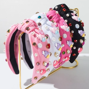 Sweet Heart Wing Rhinestone Knotted Headband For Women Valentine's Day Artificial Pearl Padded Hairband Festive Hair Accessories