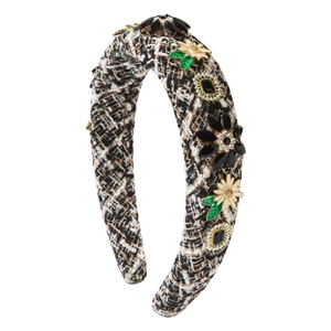 Serre-tête en tweed élégant avec fleurs en pierres noires et détails en strass