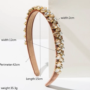Detail view of velvet headband with faux pearls and crystals showing size measurements