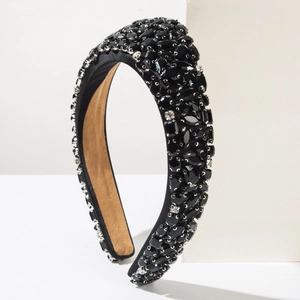 Luxurious baroque black velvet headband with sparkling crystal beads for high crown styling