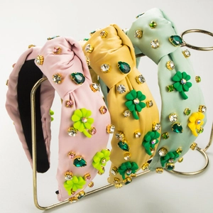 St Patricks Day Knotted Padded Headband For Women Satin Fabric Shamrock Glass Rhinestone Hair Band Festive Hair Accessories