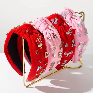 Valentine's Day Knotted Headband For Women With Rhinestone Artificial Pearl Enamel Heart Owl Pattern Vintage Sweet Hair Accessories