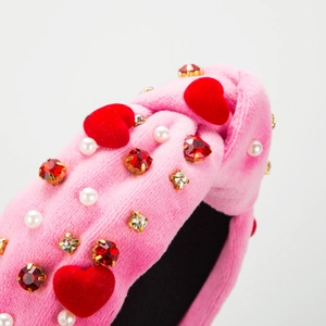 Serre-tête en velours rose avec cœurs rouges, strass et perles pour la Saint-Valentin
