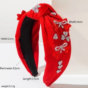 Red knotted headband with rhinestones and bows, 4cm wide and 52.2g weight