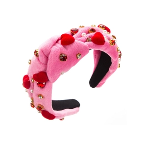 Serre-tête en velours rose avec cœurs rouges, perles et strass pour la Saint-Valentin