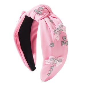 Pink knotted headband with sparkling rhinestones, pearls and bow-knot for women