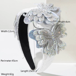 Elegant sponge padded headband with luxury crystal butterflies and detailed size specs