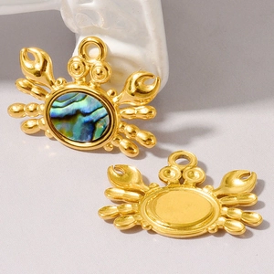 Détail d'un pendentif crabe en acier inoxydable 304 avec incrustation de nacre et dorure