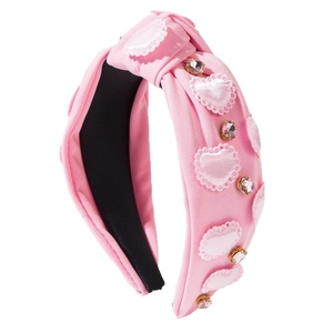 Pink knotted wide headband with satin hearts, lace edges and sparkling rhinestones