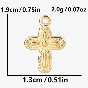 Detailed view of gold cross pendant with dimensions 1.9cm by 1.3cm and 2.0g weight
