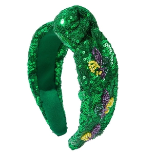Green sequined knot headband with purple floral bead embroidery for carnival parties