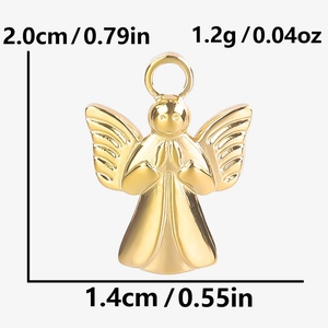 Macro view of 18k gold plated angel pendant showing dimensions 2.0cm height and 1.4cm width