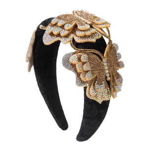 Luxurious black padded sponge headband with dazzling crystal butterflies for formal events