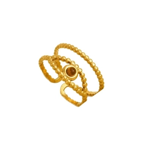 Retro 304 stainless steel gold layered ring with round brown gemstone for women