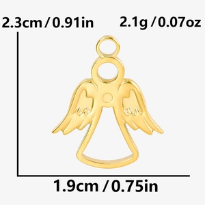 Macro detail showing 2.3cm height and 1.9cm width of the 18k gold plated angel pendant