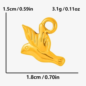 Macro shot showing 1.8cm x 1.5cm measurements of bird charm in gold-plated 304 stainless steel