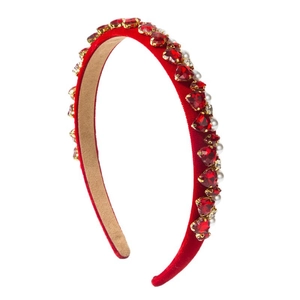 Elegant red velvet headband with sparkling heart rhinestones and white pearls for women