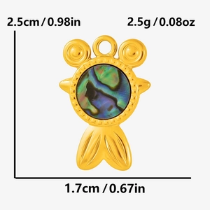 Détail d'un pendentif queue de poisson en acier avec incrustation de coquille d'abalone