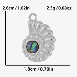 Détail du pendentif en forme de coquille en acier inoxydable avec dimensions et poids