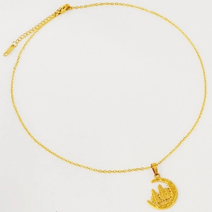 Collier minimaliste en acier inoxydable doré 18 carats avec pendentif lune et pins