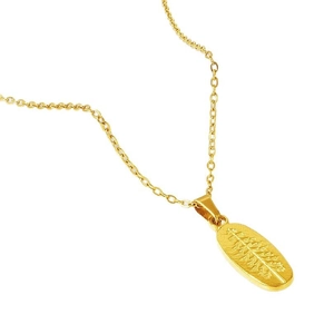 Minimalist 18k gold plated stainless steel necklace featuring a textured leaf oval pendant