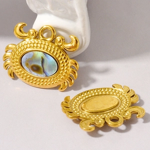 Détail macro du pendentif crabe en acier inoxydable 304 avec incrustation d'abalone