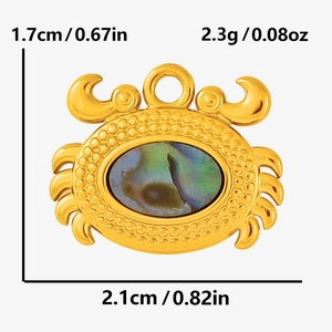 Vue détaillée du pendentif crabe en nacre d'abalone avec dimensions 1,7x2,1 cm