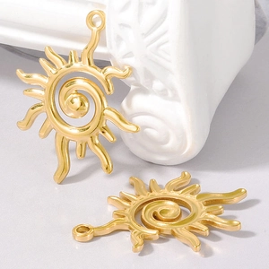 Two vintage 304 stainless steel golden sun pendants with spiral center for DIY necklaces
