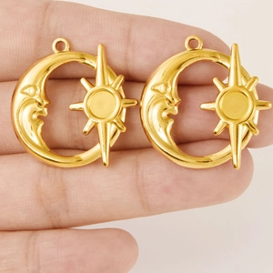 Golden sun and moon pendants for DIY jewelry making with personified moon face design