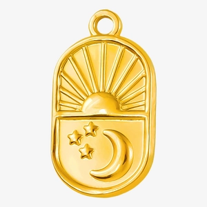 Polished gold 304 stainless steel oval pendant with celestial sun moon and stars detail