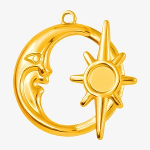 Detailed macro view of 304 stainless steel gold celestial sun and moon charm pendant