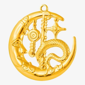 Detailed macro view of 304 stainless steel moon and dragon pendant with gold finish