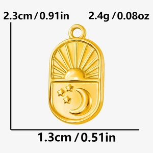 Detailed view of gold sun and moon pendant with dimensions 2.3cm by 1.3cm