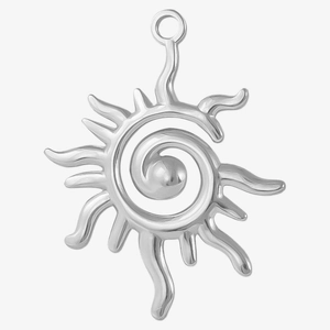 Macro shot of 304 stainless steel sun pendant with spiral texture and silver finish