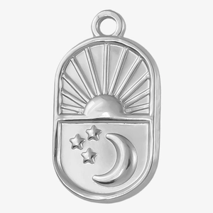 Detail of 304 stainless steel oval pendant with embossed sun moon and star pattern