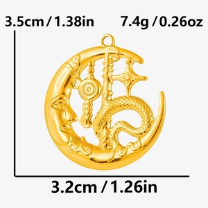 Detail view of crescent moon dragon pendant with dimensions 3.5cm x 3.2cm in gold finish